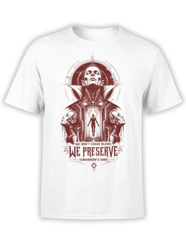 Gothic vampire design in dark red with mirrored figures and text on a white T-shirt