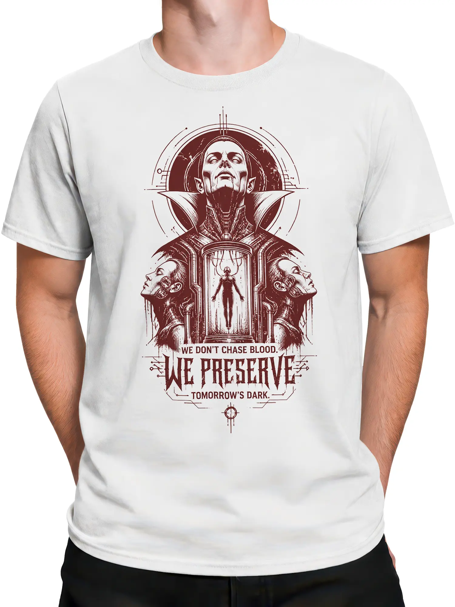 Male torso wearing a white T-shirt with dark red vampire artwork and gothic prophecy lettering