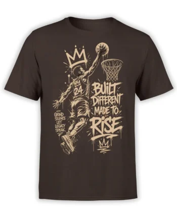 Brown basketball T-shirt with dunking player, crown graphic, and Built Different Made to Rise text