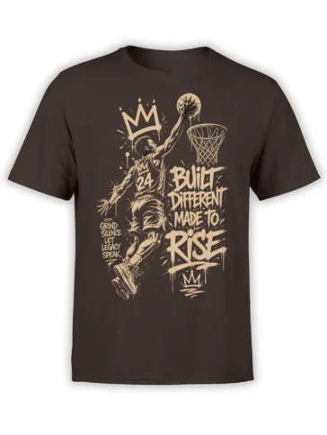 Brown basketball T-shirt with dunking player, crown graphic, and Built Different Made to Rise text