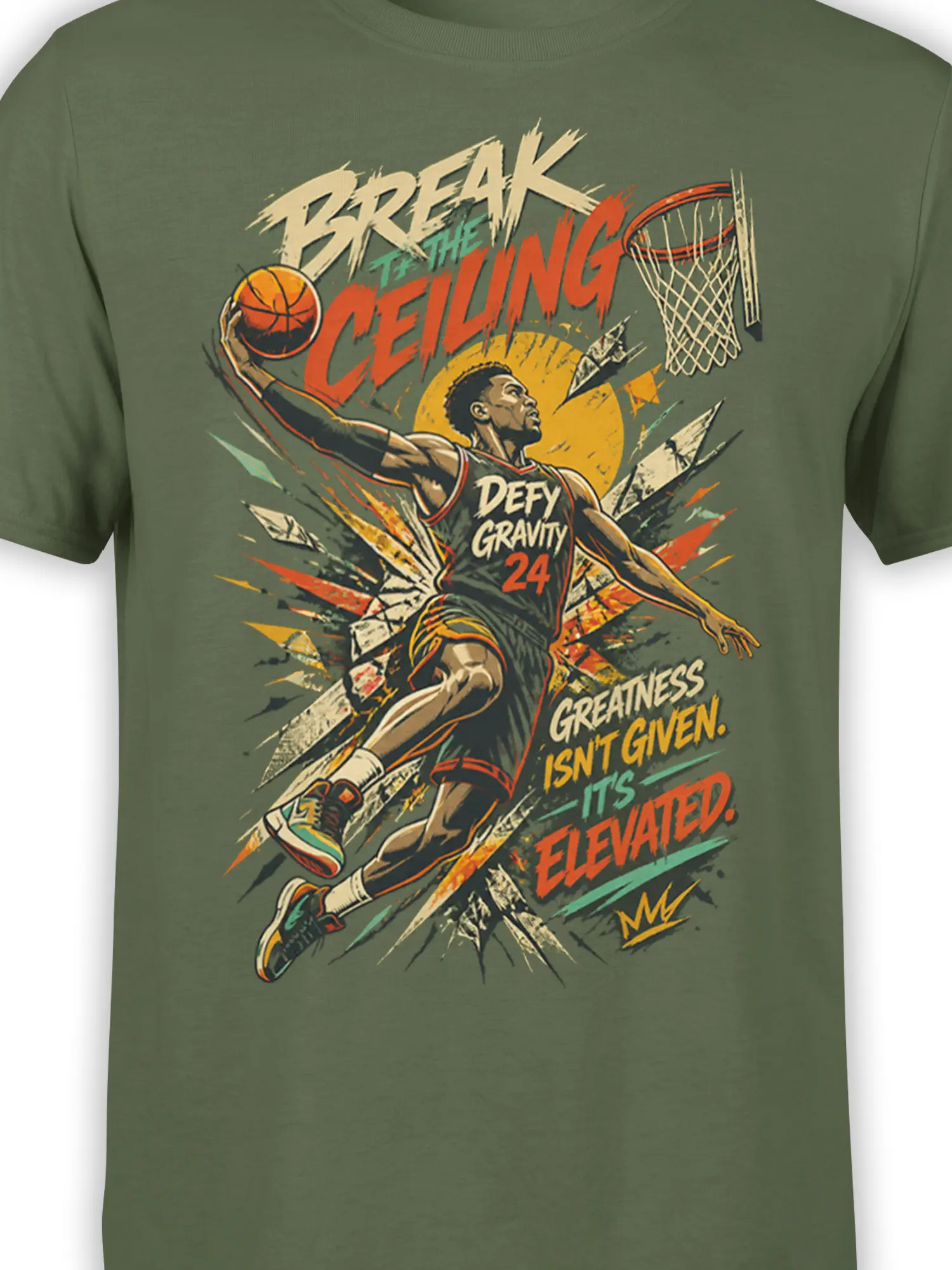 Close-up of airborne basketball player and Break the Ceiling artwork on olive green T-shirt