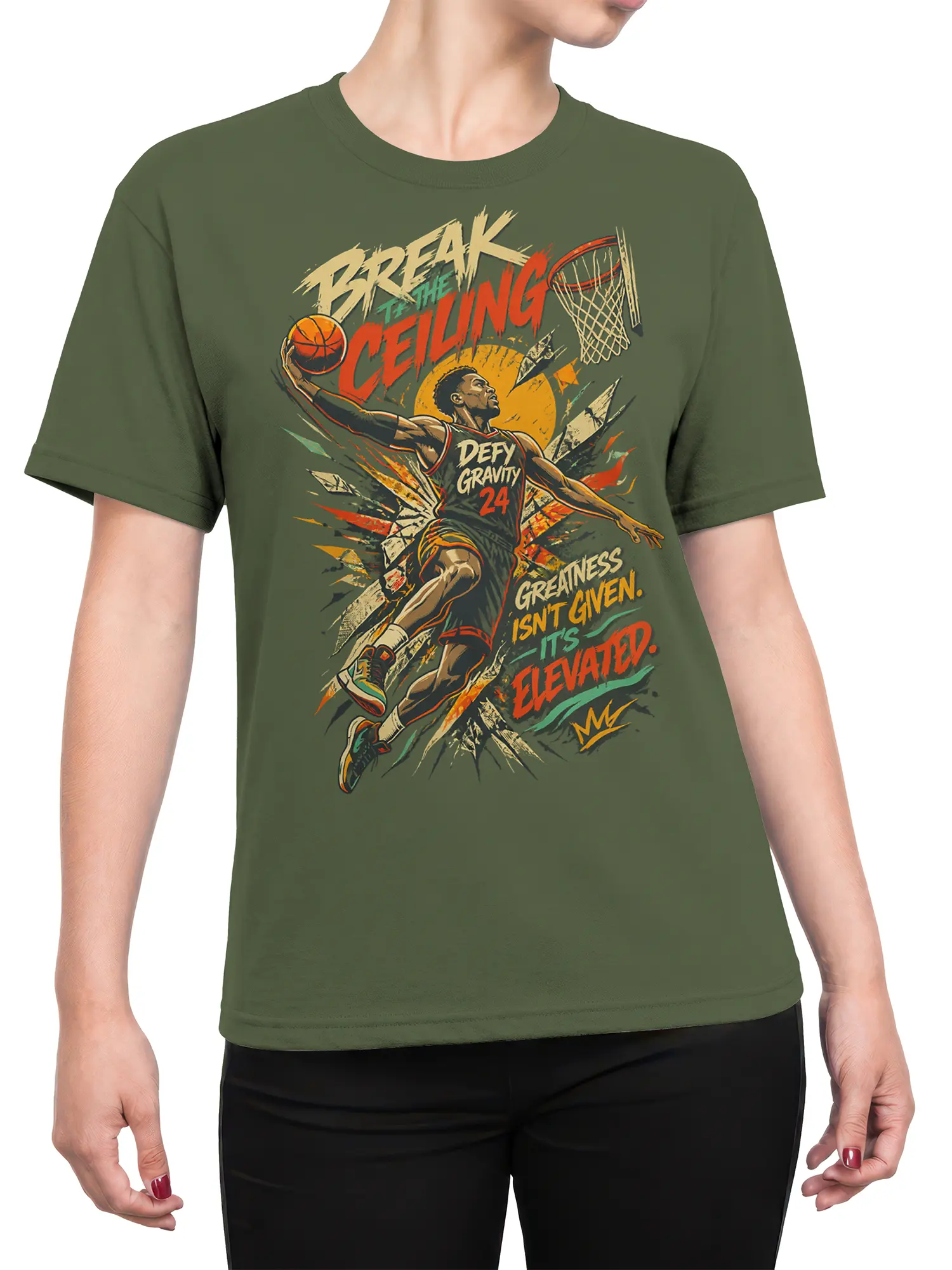 Female torso wearing olive green basketball T-shirt with airborne player and bold retro graphic