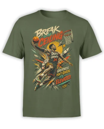 Olive green basketball T-shirt with airborne player, hoop, and bold Break the Ceiling sports graphic