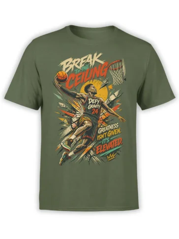 Olive green basketball T-shirt with airborne player, hoop, and bold Break the Ceiling sports graphic