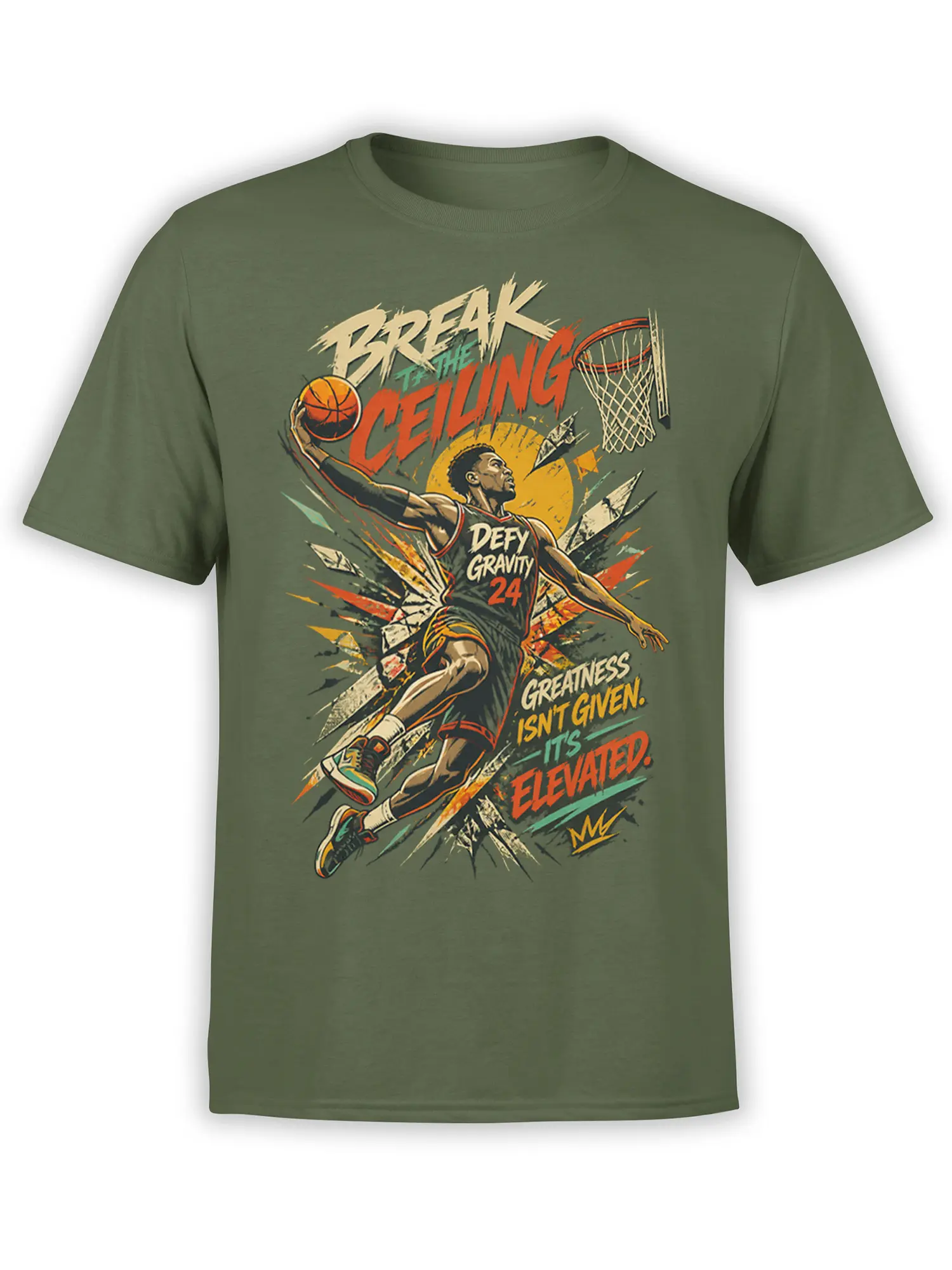 Olive green basketball T-shirt with airborne player, hoop, and bold Break the Ceiling sports graphic