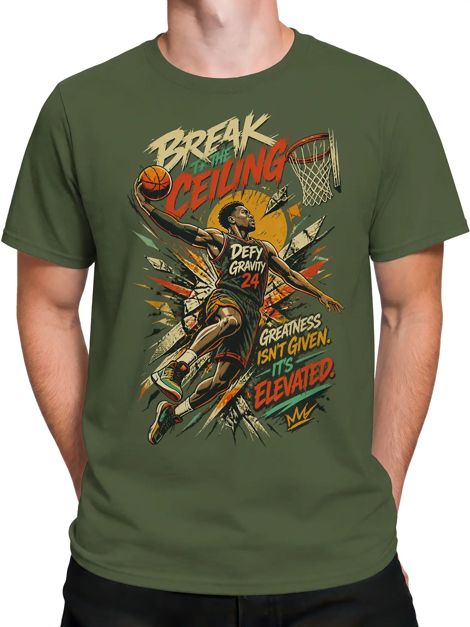 Male torso wearing olive green basketball T-shirt with Defy Gravity player graphic
