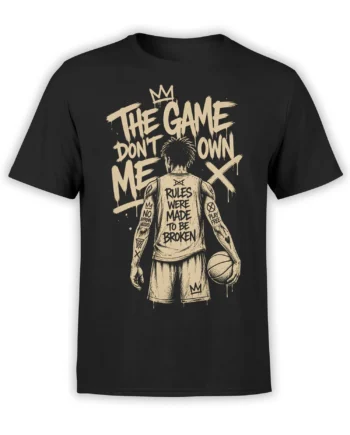 Black basketball T-shirt with crowned player graphic and cream rebellious lettering