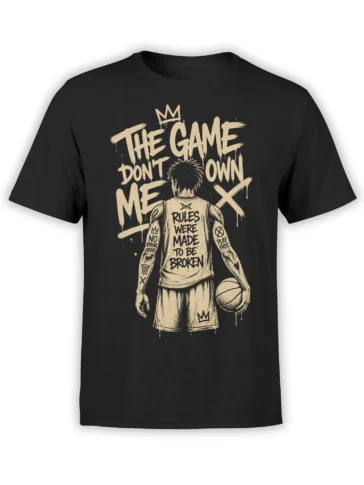 Black basketball T-shirt with crowned player graphic and cream rebellious lettering