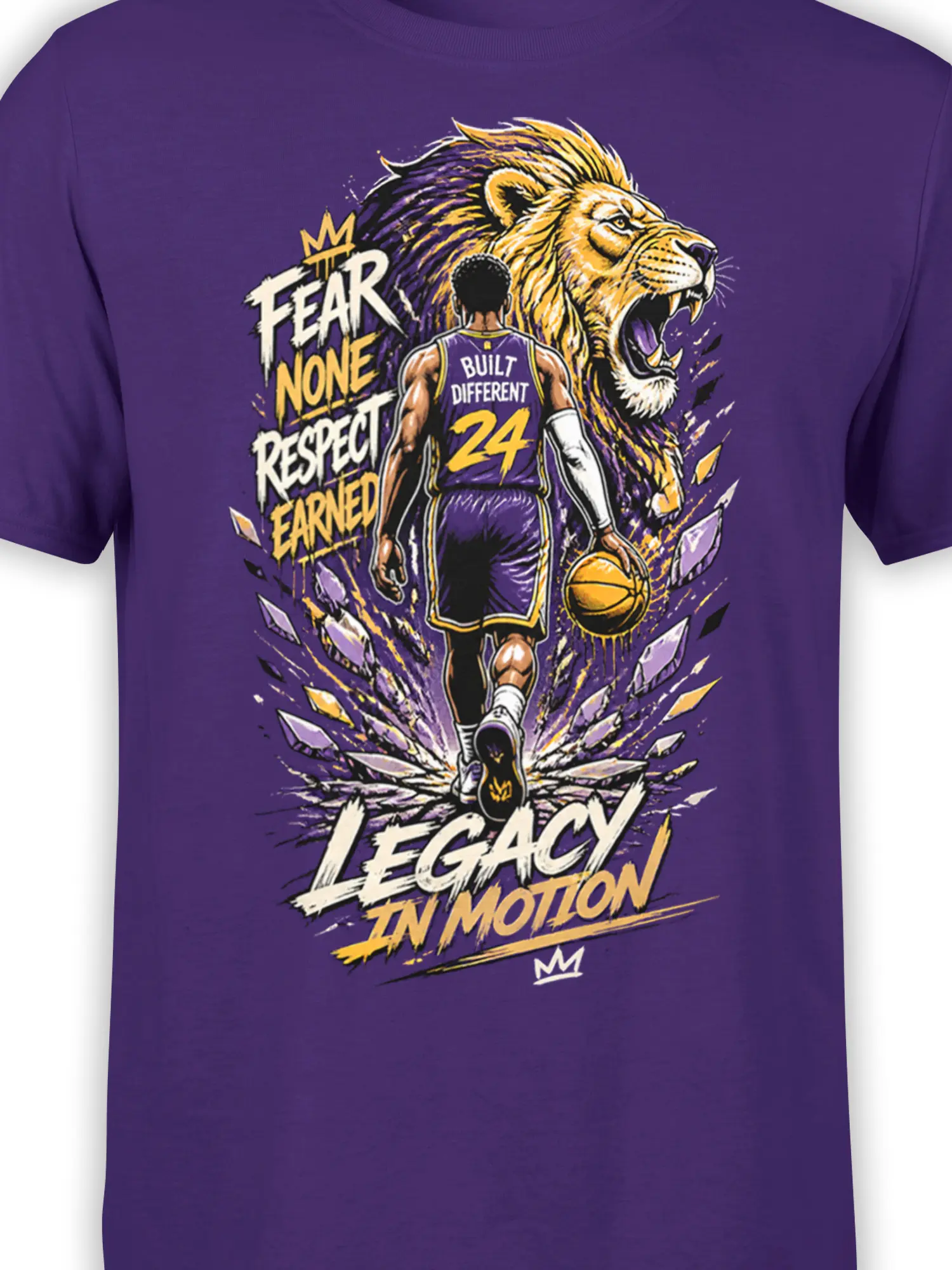 Close-up of purple basketball shirt design with roaring lion, player number 24, and Fear None lettering