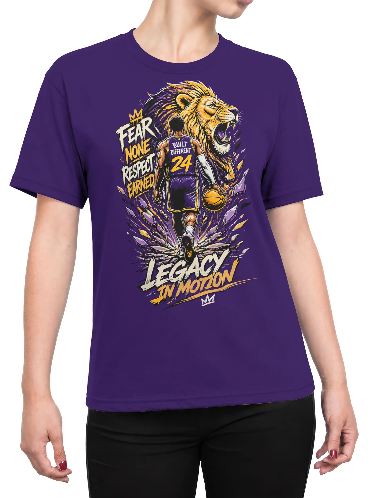 Female torso wearing a purple basketball shirt with a roaring lion, player number 24, and bold motivational lettering