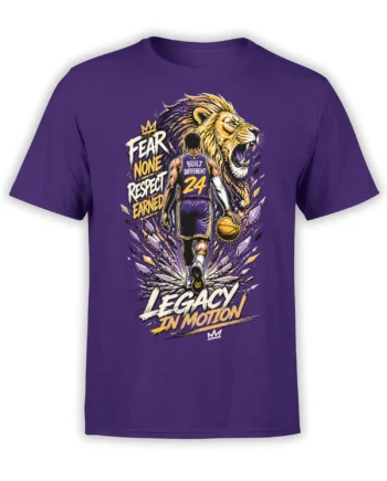 Purple basketball shirt with a determined player, roaring lion, number 24, and Legacy in Motion design
