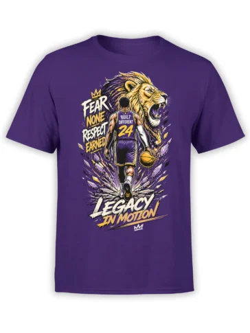 Purple basketball shirt with a determined player, roaring lion, number 24, and Legacy in Motion design