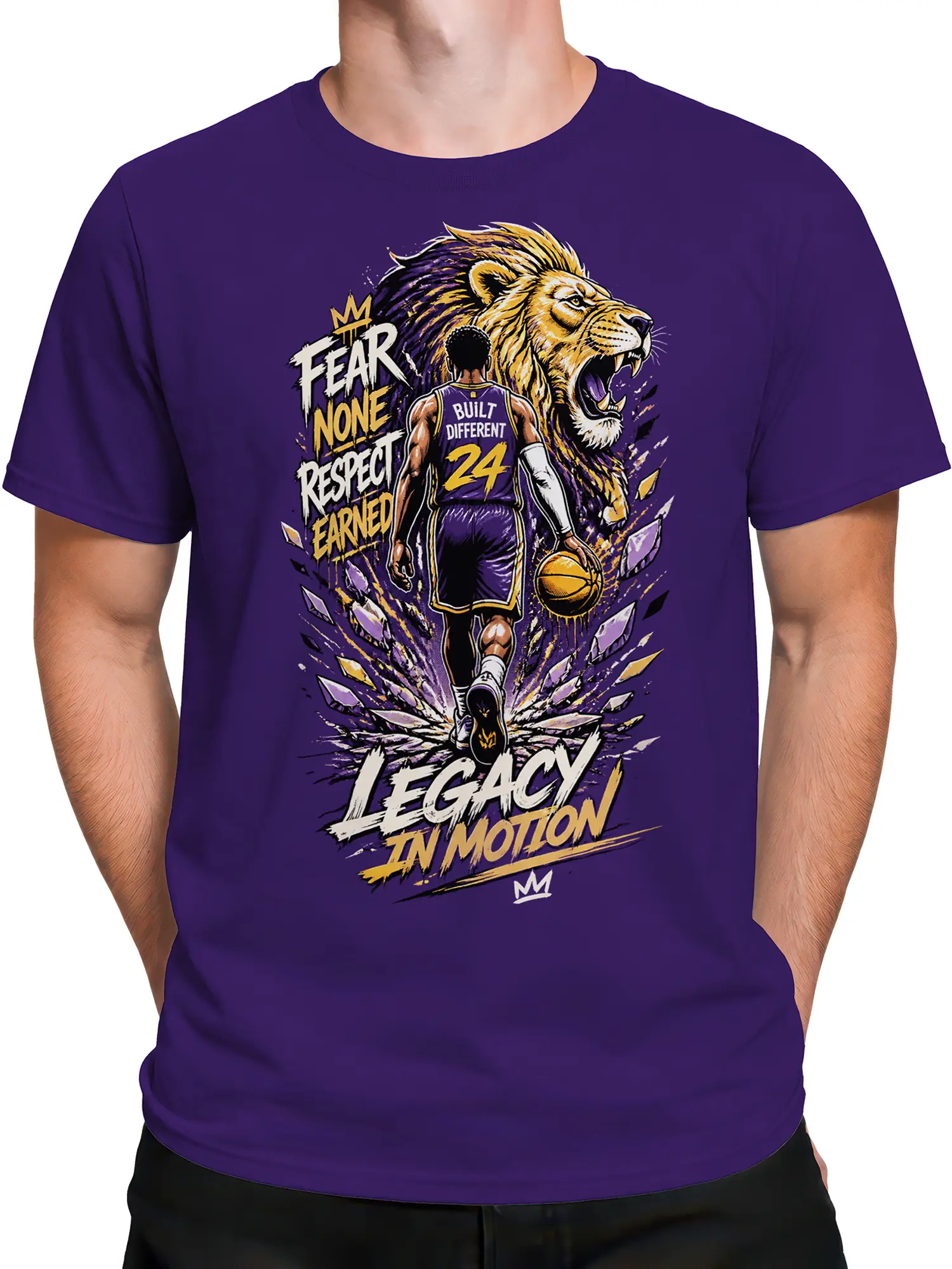 Male torso wearing a purple basketball shirt with a lion, basketball player, number 24, and Respect Earned text