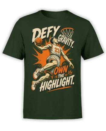 Retro basketball player graphic with orange accents and Defy Gravity text on a dark green T-shirt