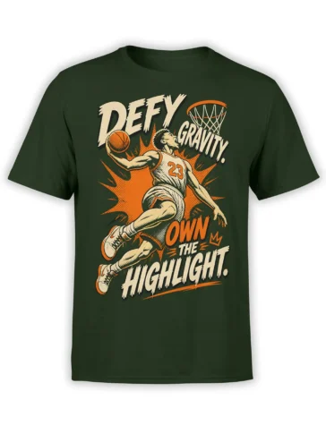 Retro basketball player graphic with orange accents and Defy Gravity text on a dark green T-shirt