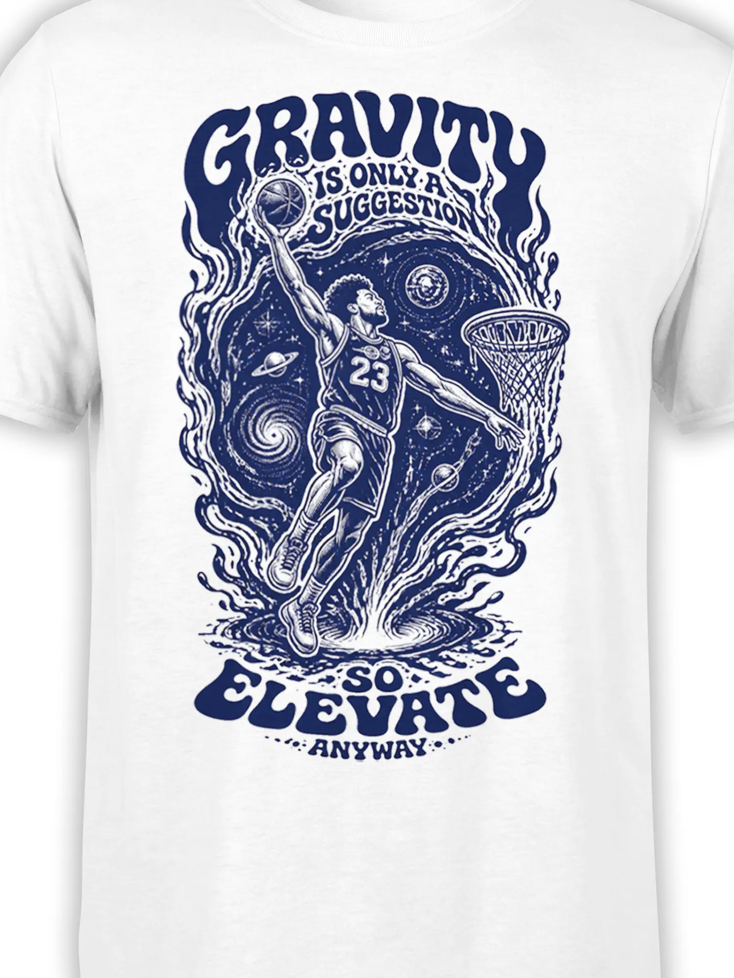 Close-up of cosmic basketball player and hoop artwork with galaxy details on a white graphic tee