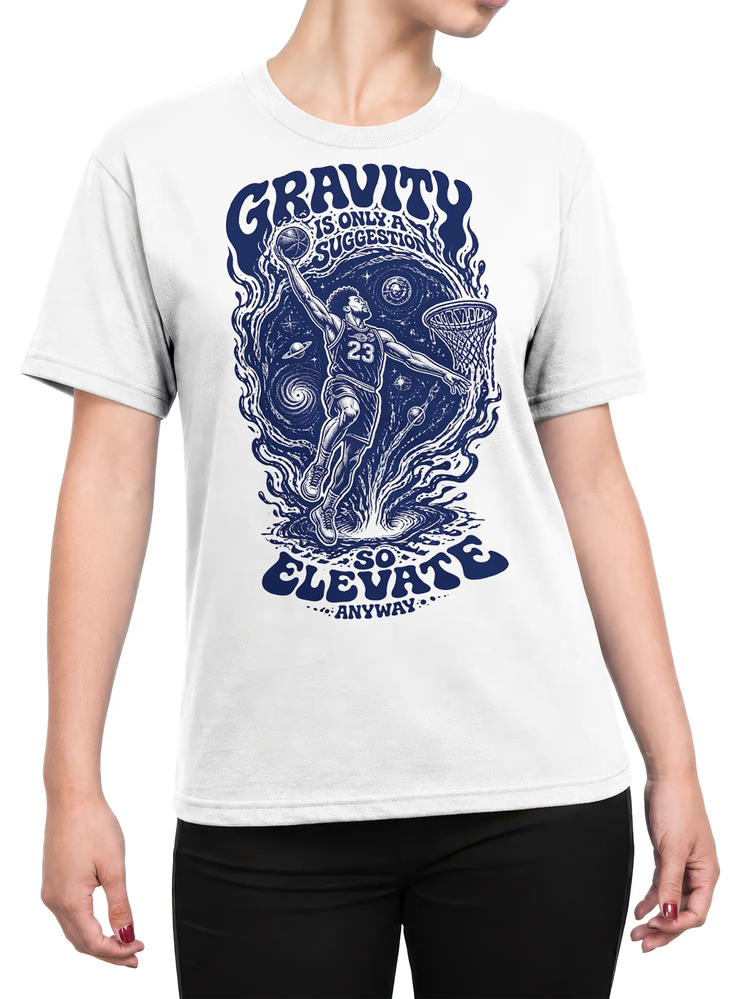 Female torso wearing a white cosmic basketball T-shirt with jersey 23, galaxy artwork, and elevate anyway text