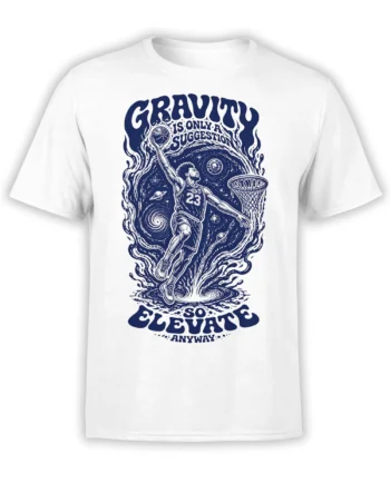 White basketball T-shirt with a cosmic player in jersey 23, galaxy artwork, and “Elevate Anyway” lettering