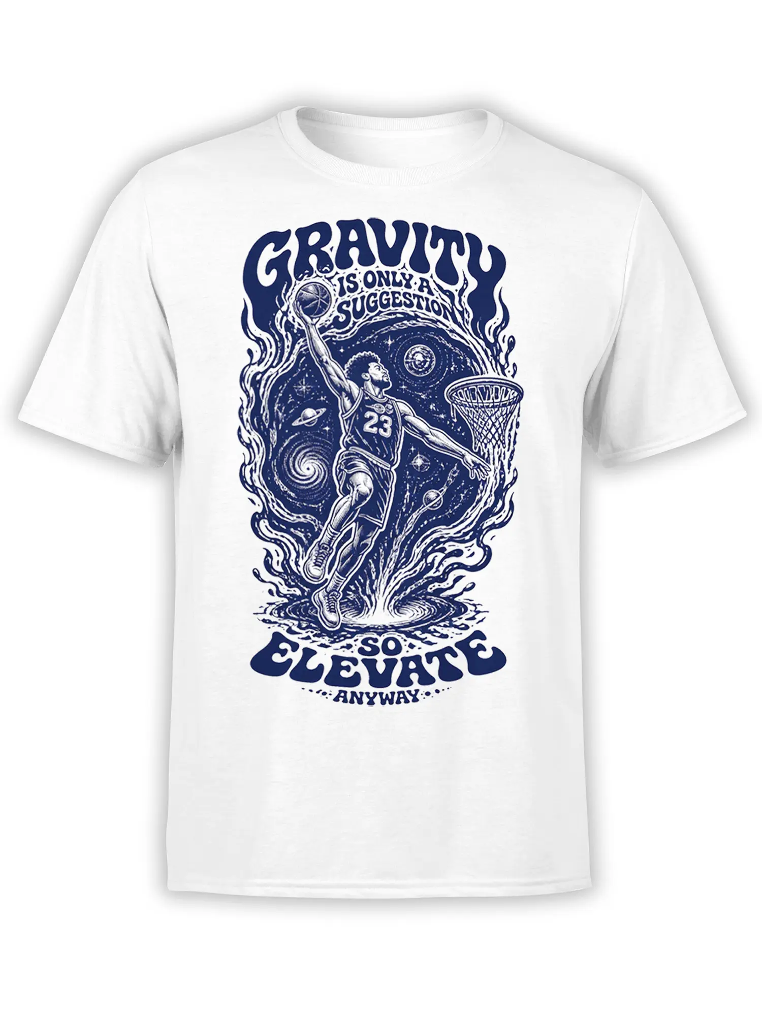 White basketball T-shirt with a cosmic player in jersey 23, galaxy artwork, and “Elevate Anyway” lettering