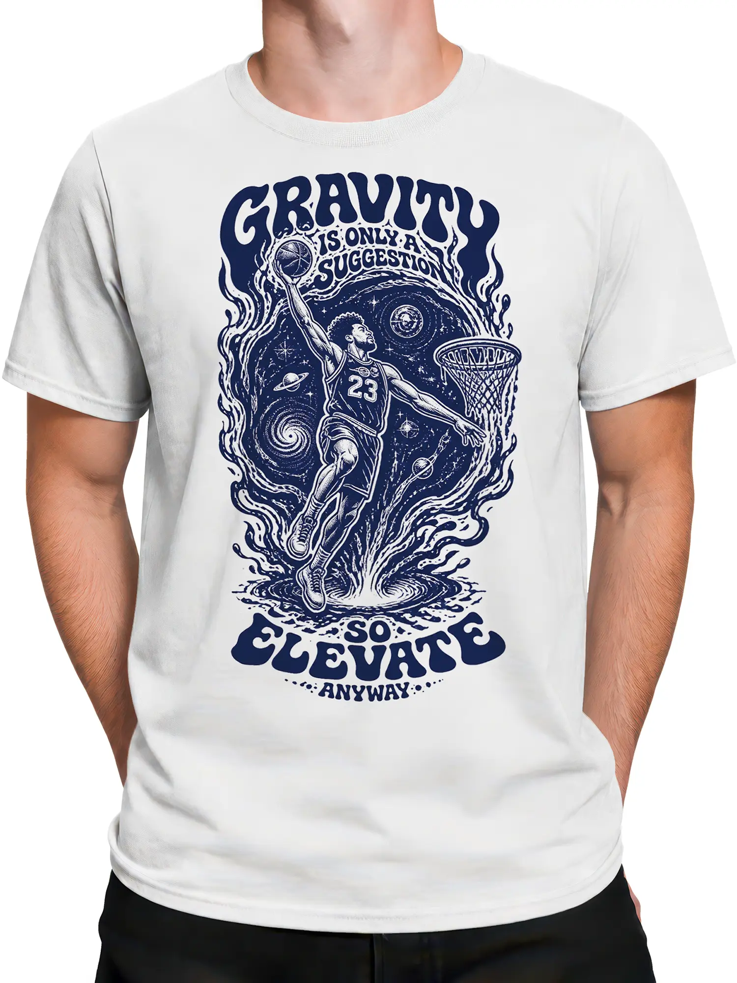 Male torso wearing a white basketball graphic tee with cosmic player, hoop, planets, and bold navy lettering
