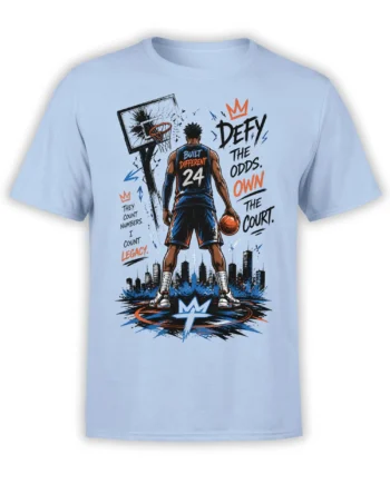 Light blue basketball T-shirt with player, broken hoop, city skyline, and Defy the Odds lettering