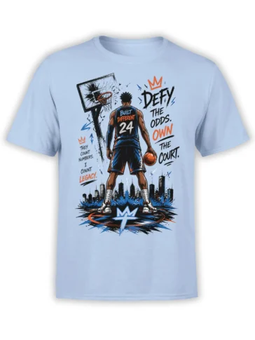 Light blue basketball T-shirt with player, broken hoop, city skyline, and Defy the Odds lettering