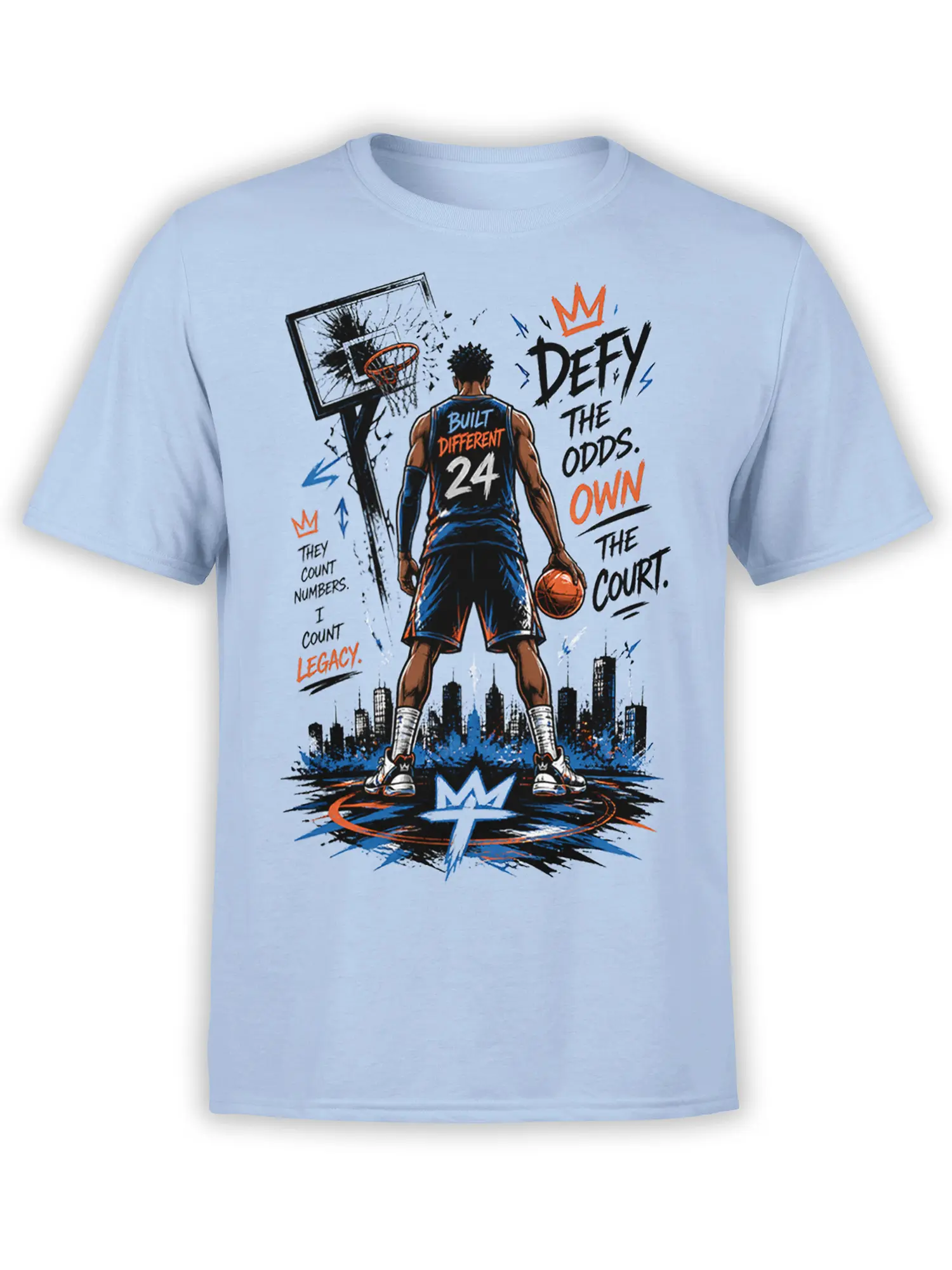 Light blue basketball T-shirt with player, broken hoop, city skyline, and Defy the Odds lettering