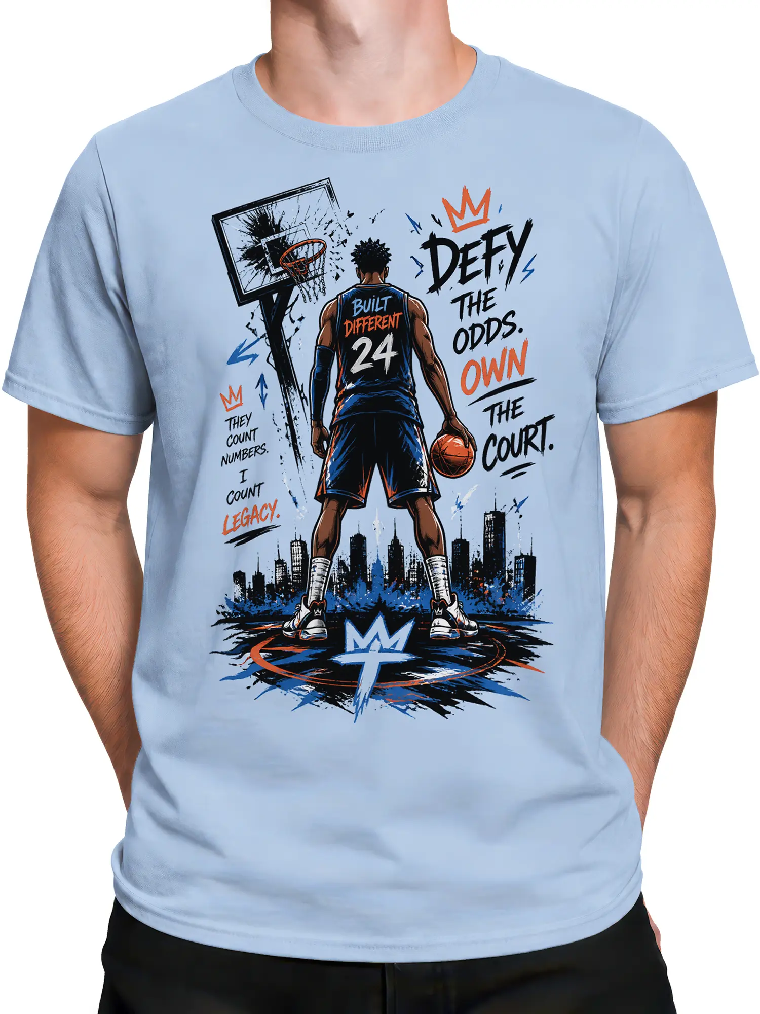 Male torso wearing a light blue basketball T-shirt with court artwork, number 24, and bold legacy lettering