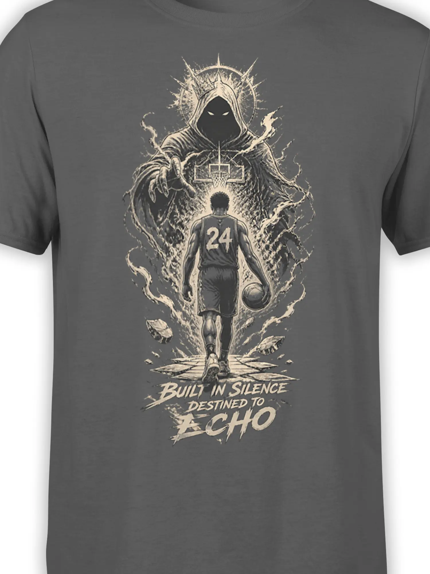Close-up of gray basketball shirt design with hooded figure, number 24 jersey, ball, and bold echo message