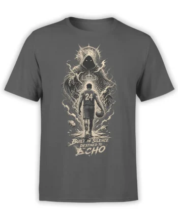 Gray basketball t-shirt with hooded figure, number 24 player, basketball, and “Built in Silence” artwork