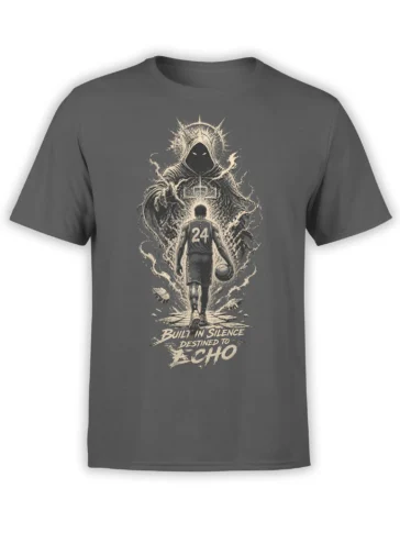 Gray basketball t-shirt with hooded figure, number 24 player, basketball, and “Built in Silence” artwork