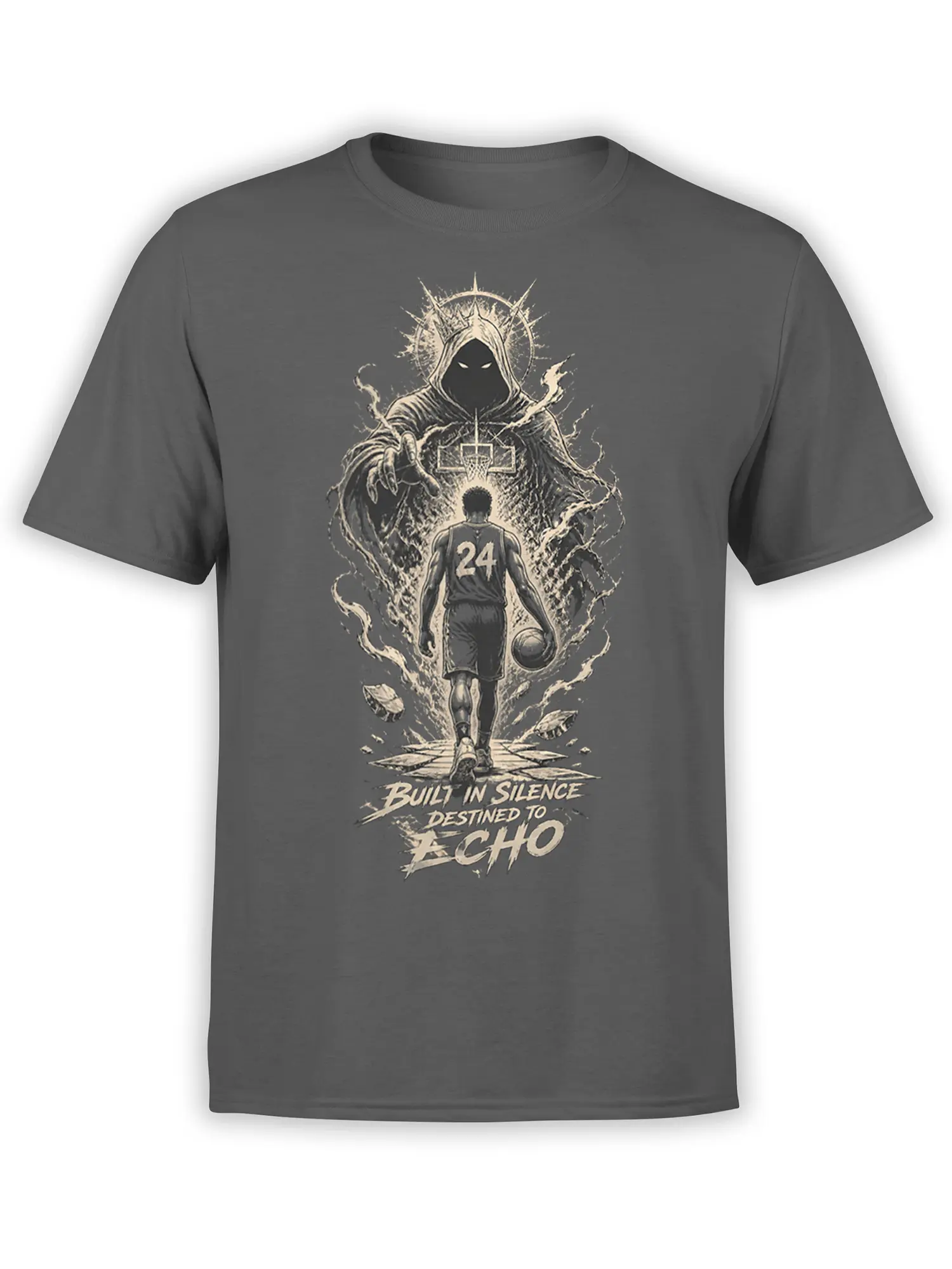 Gray basketball t-shirt with hooded figure, number 24 player, basketball, and “Built in Silence” artwork
