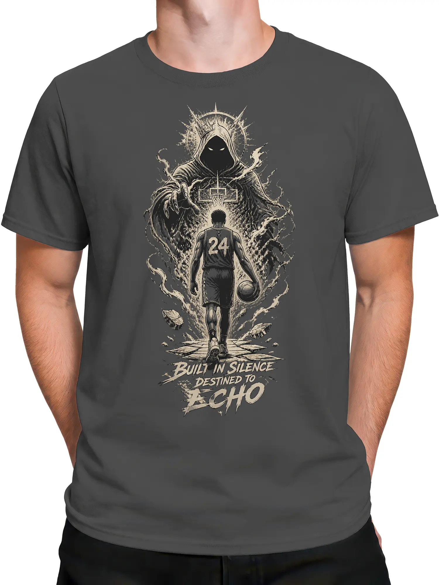 Male torso wearing gray basketball graphic tee with hooded figure, number 24 player, and dramatic sports artwork