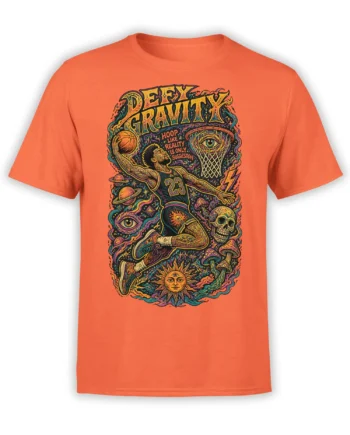Orange T-shirt with surreal cosmic basketball player, planets, skull, mushrooms, and Defy Gravity artwork