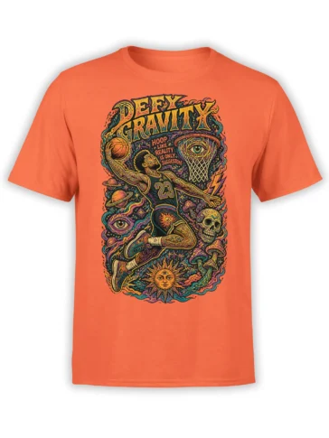 Orange T-shirt with surreal cosmic basketball player, planets, skull, mushrooms, and Defy Gravity artwork