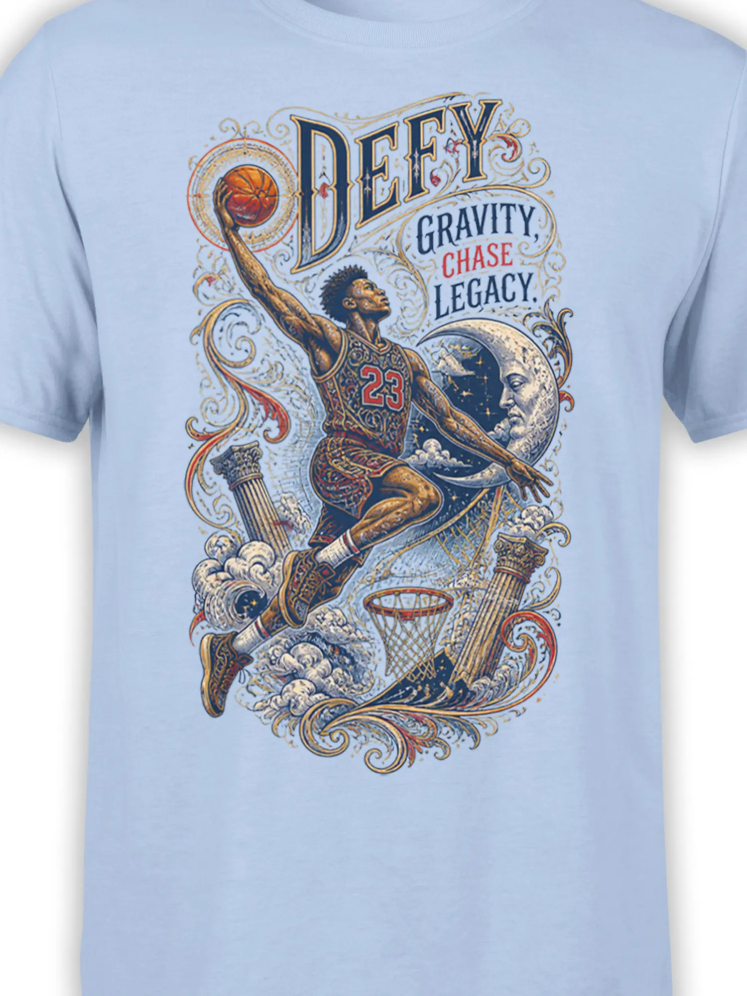 Close-up of vintage basketball artwork with a player, number 23 jersey, moon, hoop, and ornate details