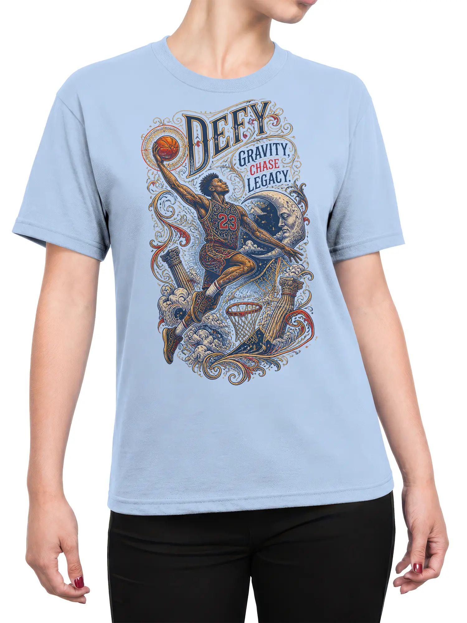 Female torso wearing a light blue basketball T-shirt with a vintage player, moon, hoop, and Defy Gravity artwork