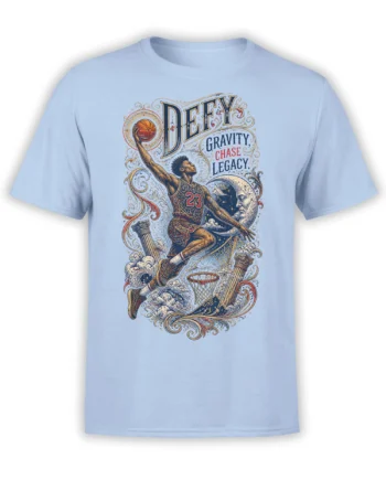 Light blue basketball T-shirt with a vintage player, moon, hoop, ornate columns, and Defy Gravity message