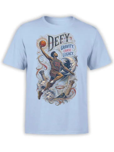 Light blue basketball T-shirt with a vintage player, moon, hoop, ornate columns, and Defy Gravity message