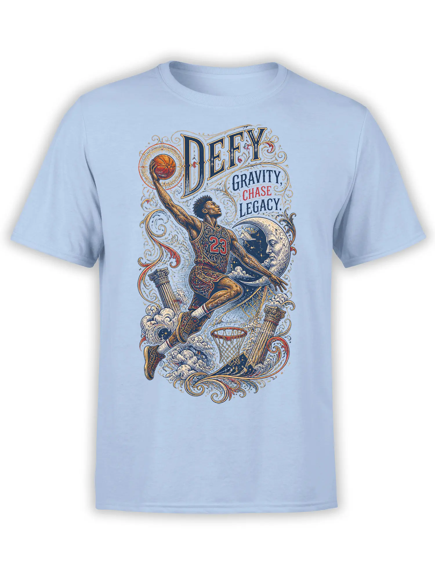 Light blue basketball T-shirt with a vintage player, moon, hoop, ornate columns, and Defy Gravity message