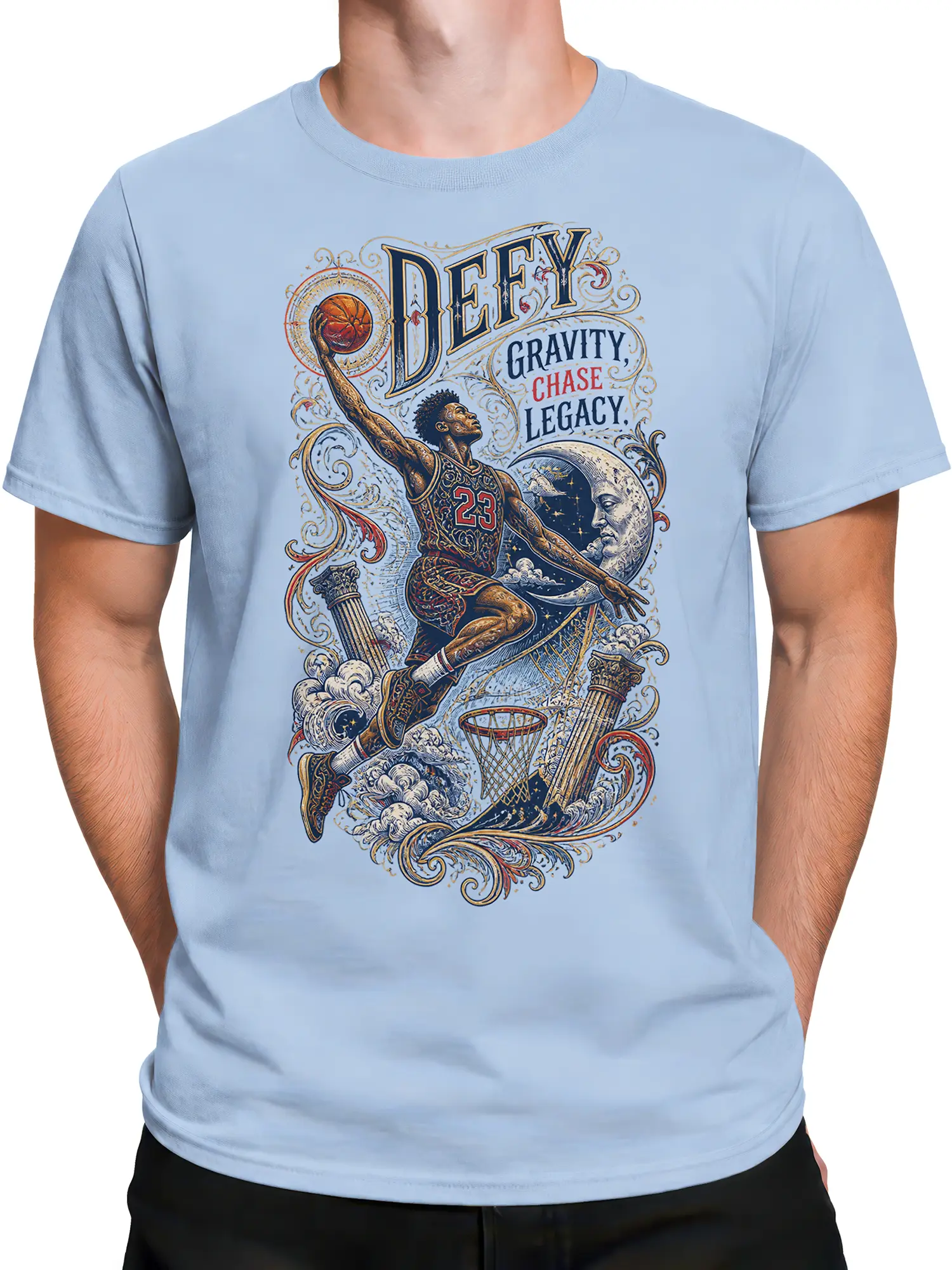 Male torso wearing a light blue basketball T-shirt with vintage sports artwork and Defy Gravity lettering