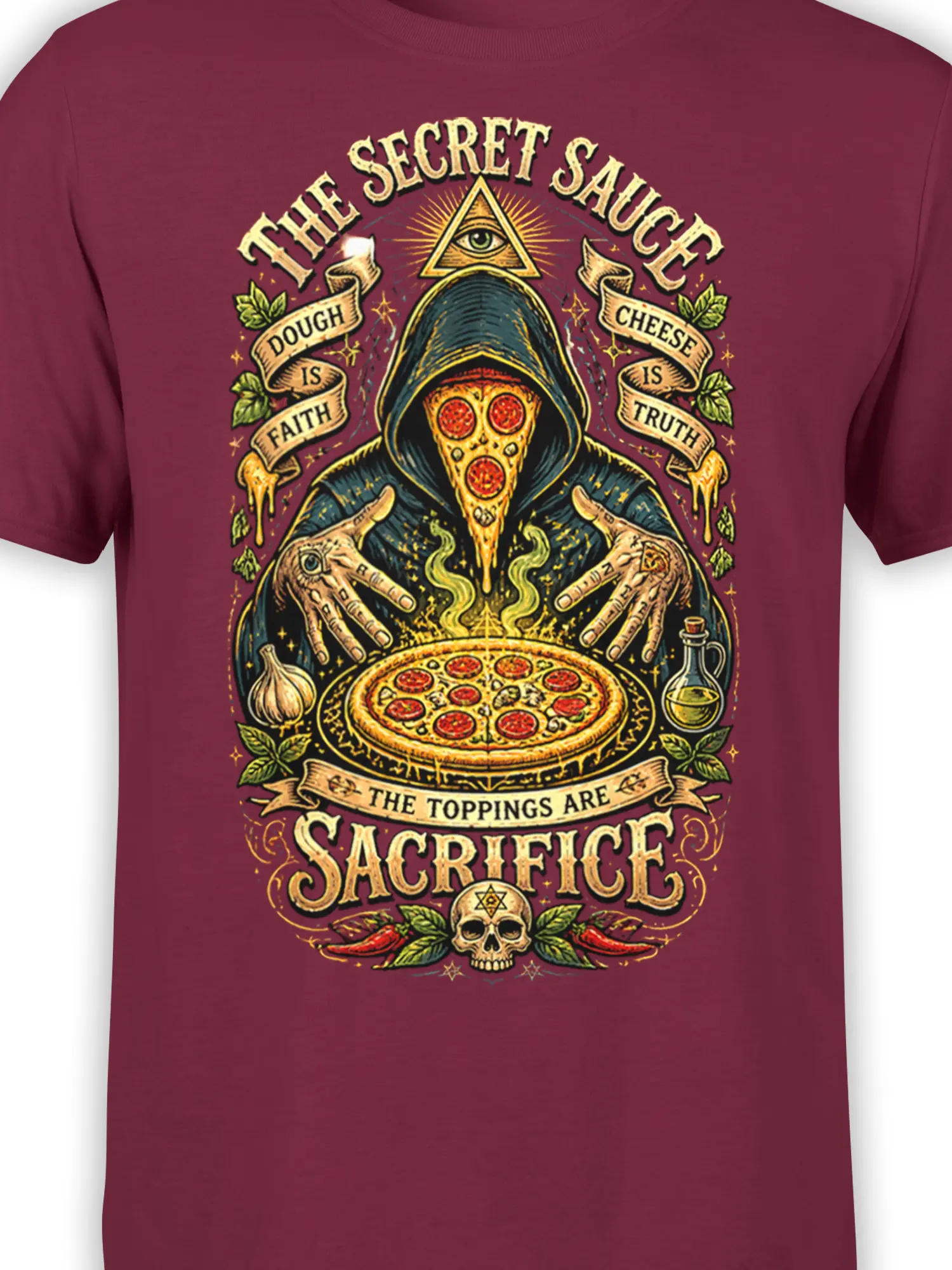 Close-up of hooded pizza figure, all-seeing eye, ritual banners, and pizza toppings on burgundy fabric
