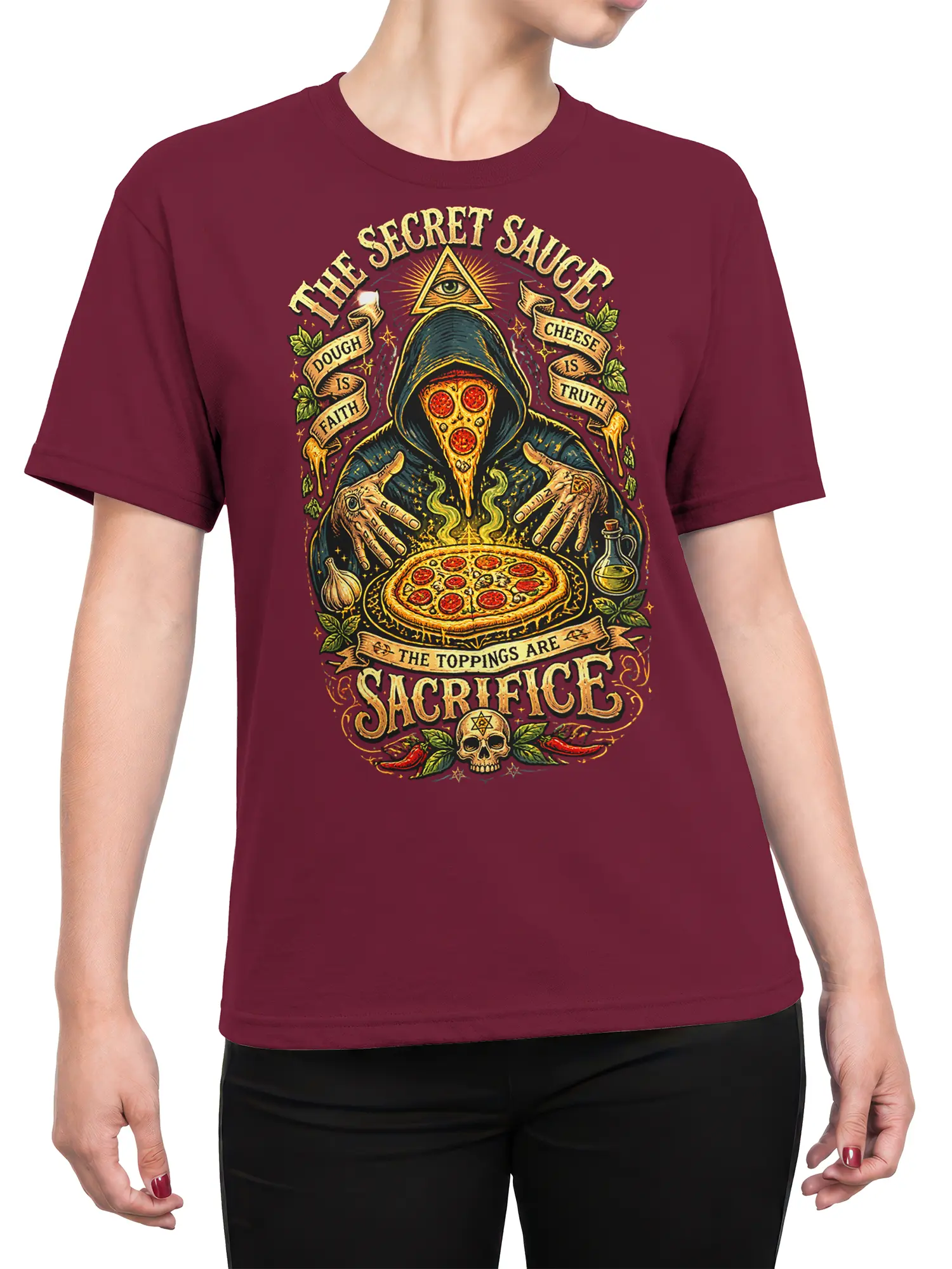 Female torso wearing a burgundy T-shirt with a hooded pizza mystic and sacred slice graphic