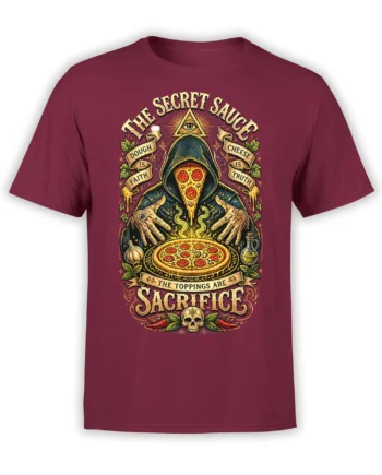 Front view of burgundy T-shirt with a hooded pizza mystic, all-seeing eye, skull, and ritual lettering