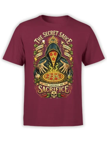 Front view of burgundy T-shirt with a hooded pizza mystic, all-seeing eye, skull, and ritual lettering