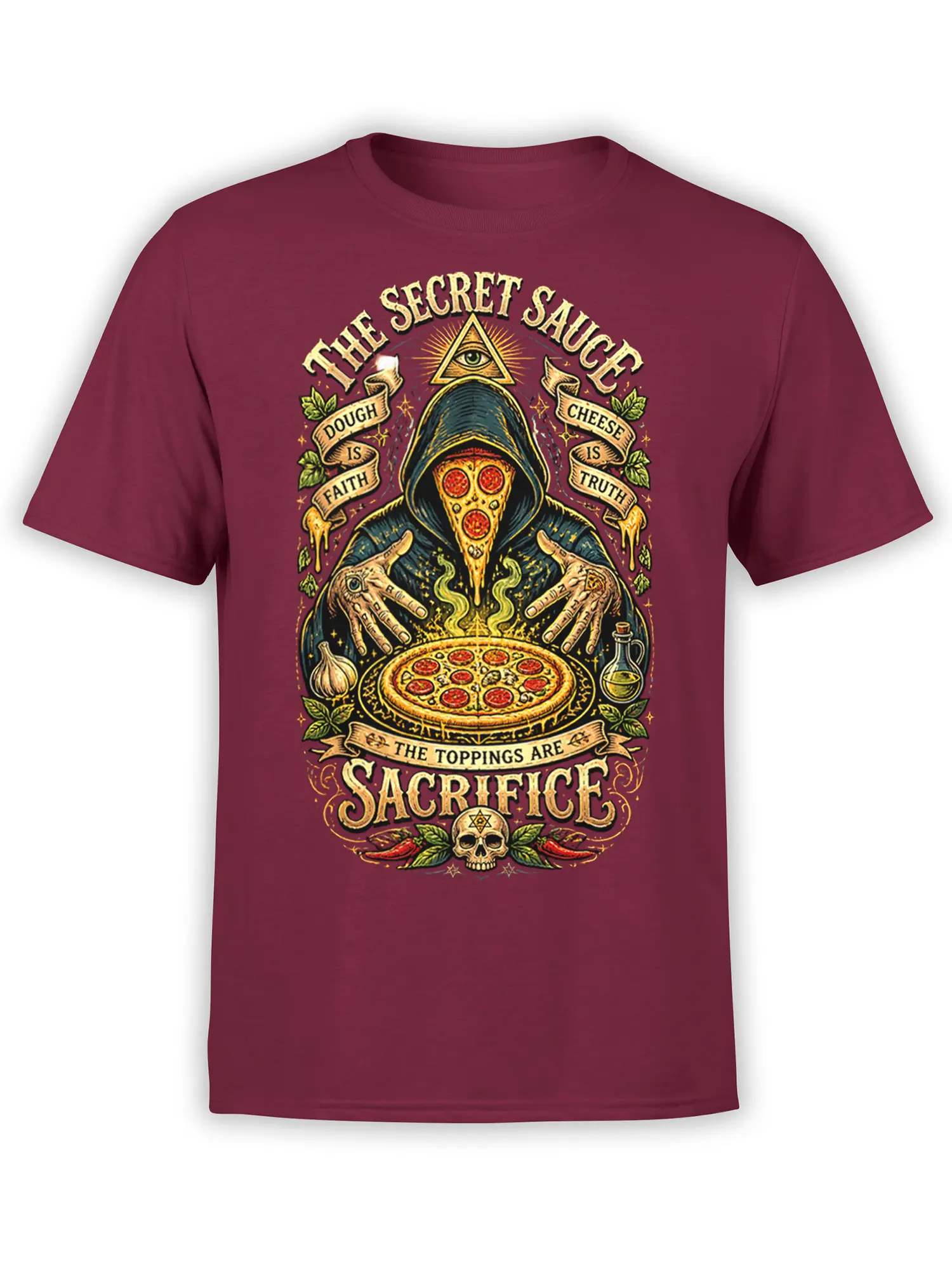 Front view of burgundy T-shirt with a hooded pizza mystic, all-seeing eye, skull, and ritual lettering