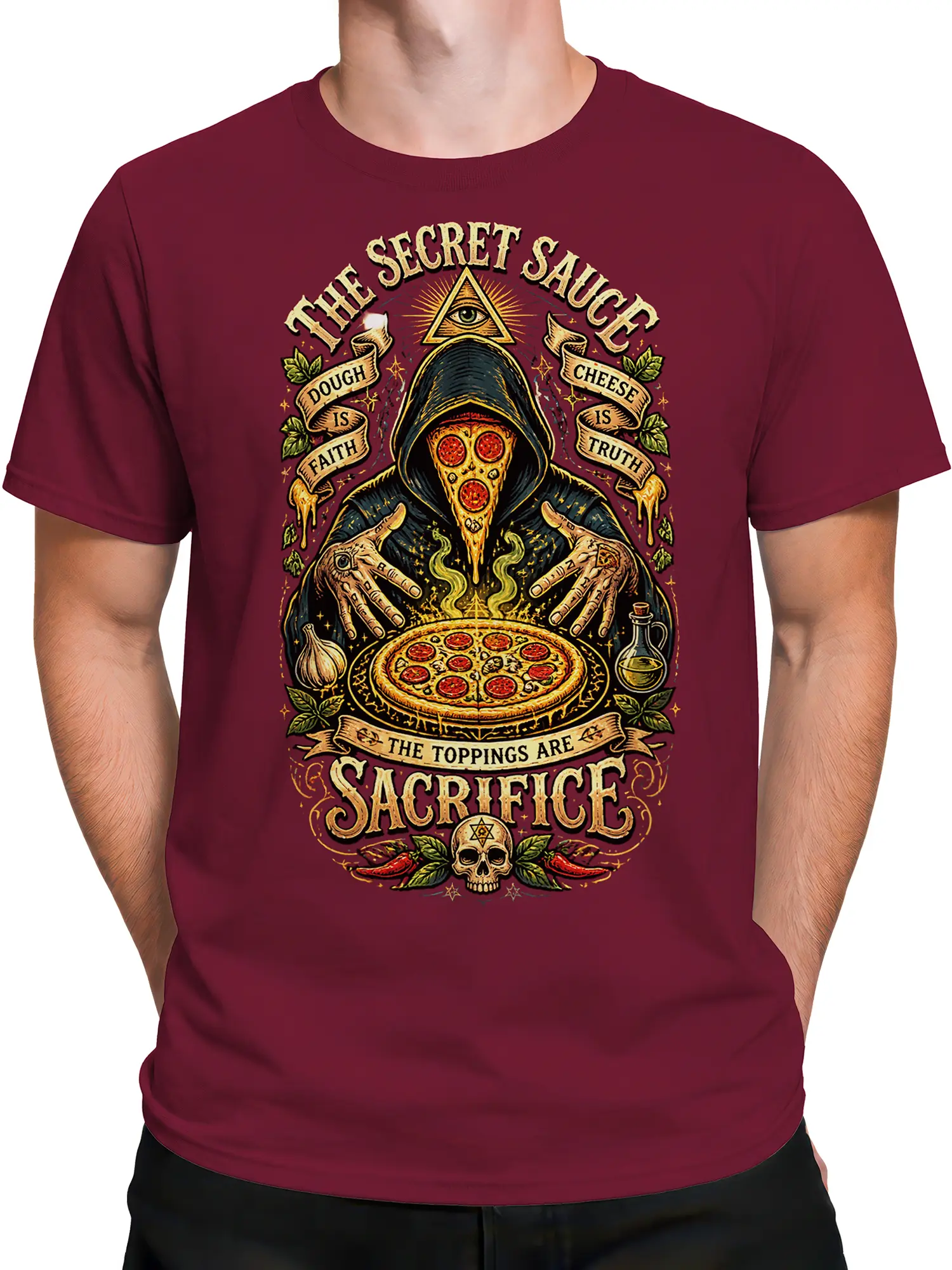 Male torso wearing a burgundy T-shirt with a hooded pizza mystic and ritual pizza graphic