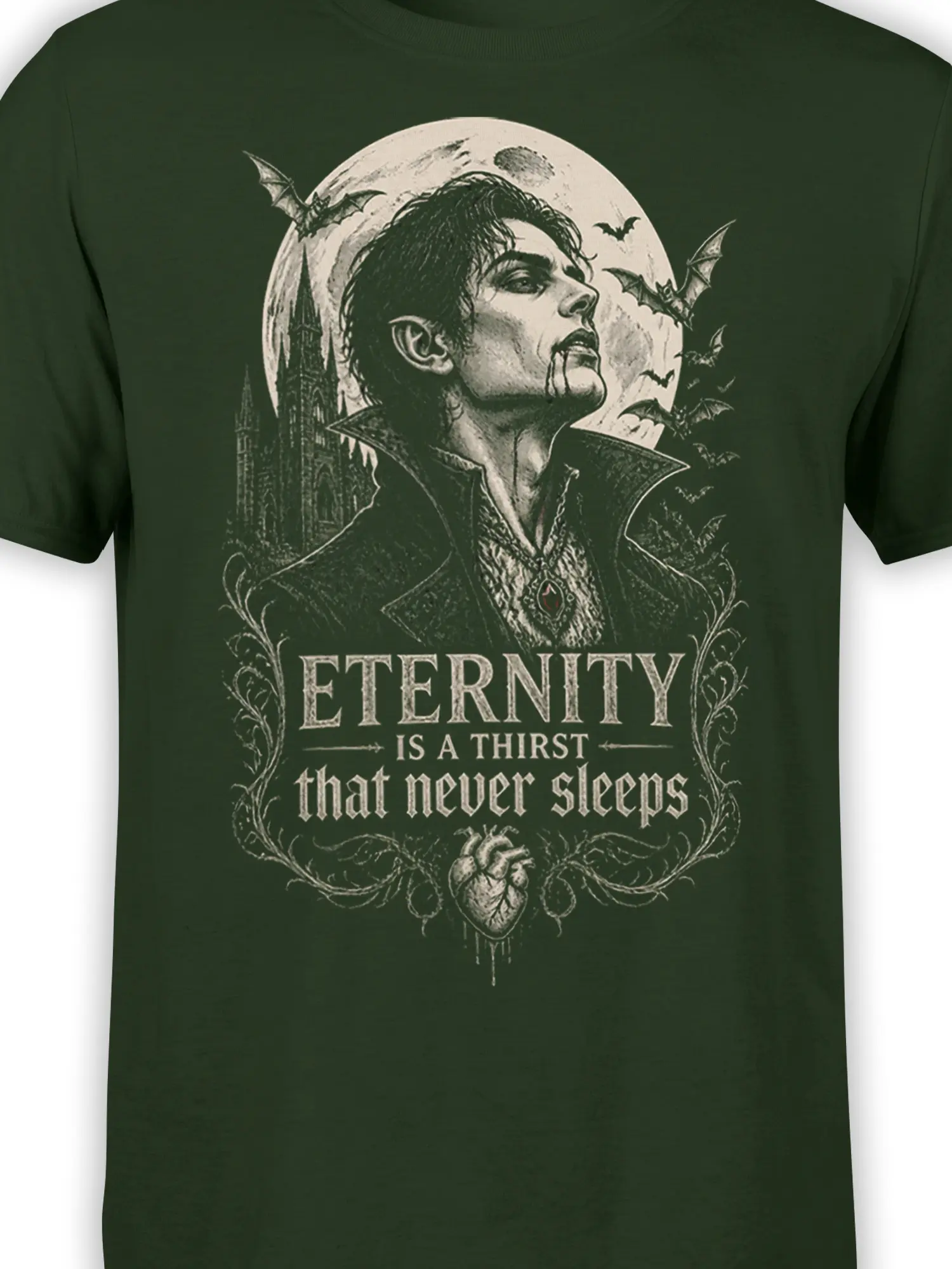 Close-up of gothic vampire artwork, moon, bats, castle, and eternal thirst lettering on a green shirt