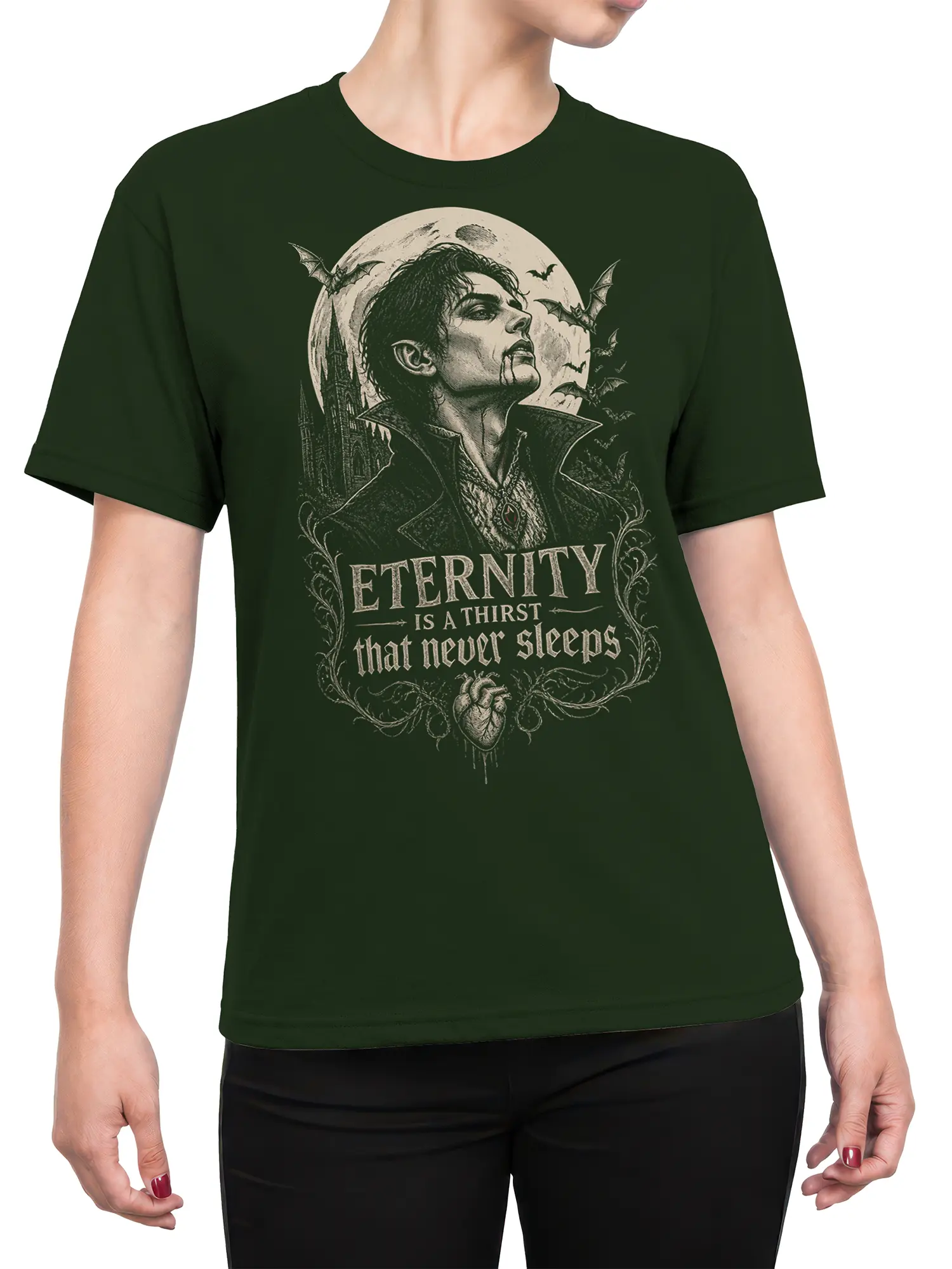 Female torso wearing a green vampire T-shirt with moonlit castle, bats, and gothic eternal thirst artwork