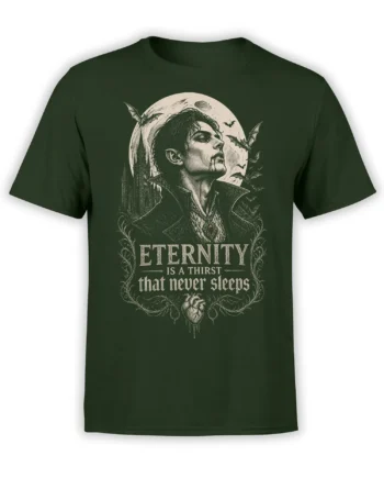 Gothic vampire portrait T-shirt in green with bats, a full moon, castle towers, and an eternal thirst quote
